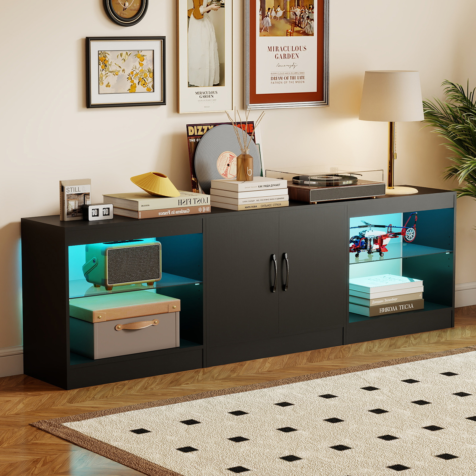 3 in 1 TV-Schrank für Fernseher bis zu 85 Zoll Lowboard mit LED Beleuchtung & Verstellbaren Glasregalen Schwarz