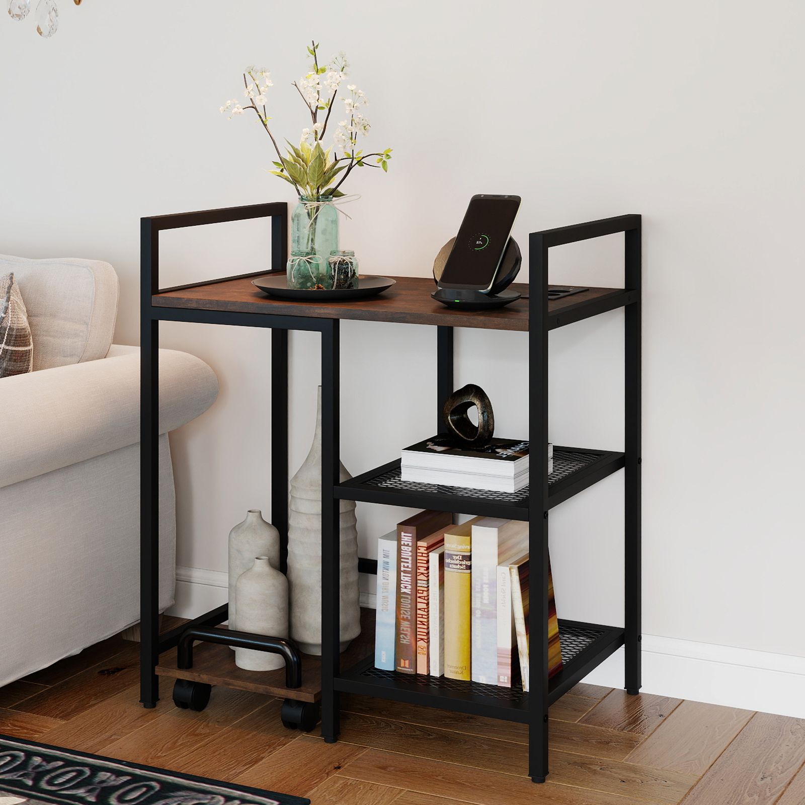 3-stufiger Druckerständer mit Ladestation mobiler Druckertisch mit Ablagefächern Rustikales Braun