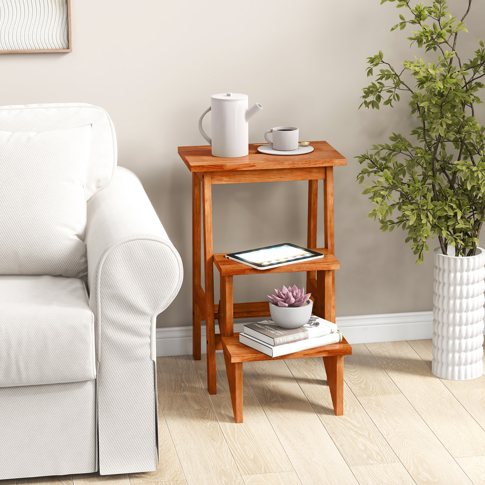 3-stufiger Tritthocker mit Rutschfesten & Breiten Stufen Gummibaumholz Leiter mit Griff Braun