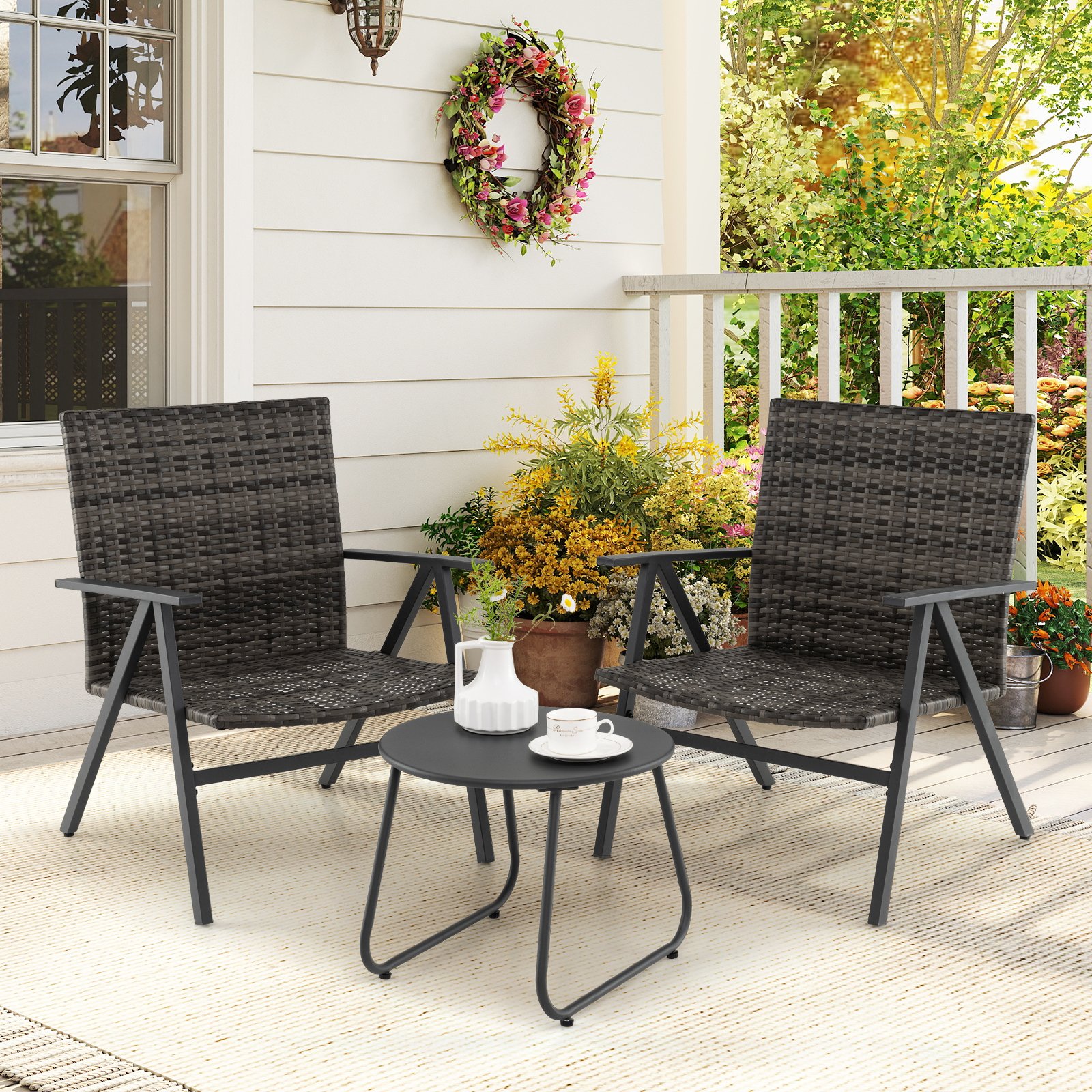 3-teiliges Bistro-Set für den Außenbereich Gartenmöbel-Set inkl. runder Beistelltisch & 2 Stühle aus Metallrahmen