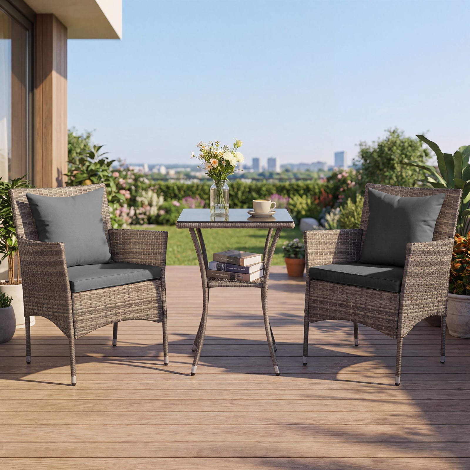 3-teiliges Gartenmöbel Set Balkon Set inkl. 2 Rattanstühle mit doppellagigem Tisch aus gehärtetem Glas Grau