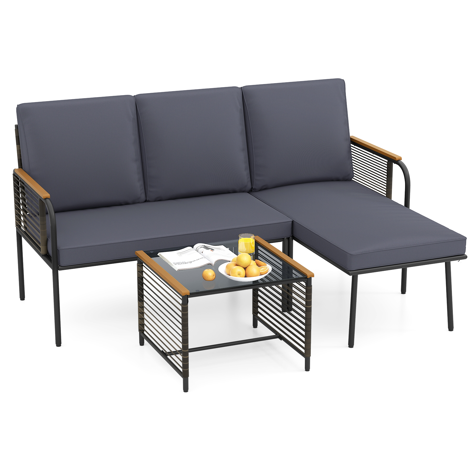 3-teiliges Geflecht-Möbelset Outdoor L-förmiges Sofa mit Kissen & Sicherheitsglas-Beistelltisch Grau