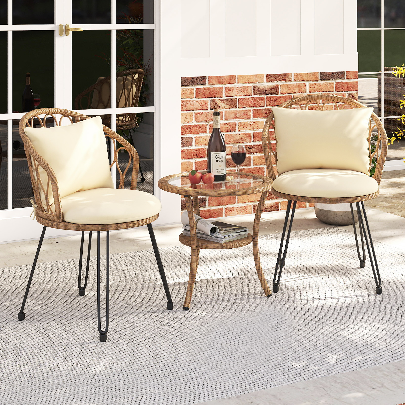 3-teiliges PE Rattan Bistro-Set für die Terrasse Outdoor-Set mit Kissen und 2-stöckigem Tisch Beige