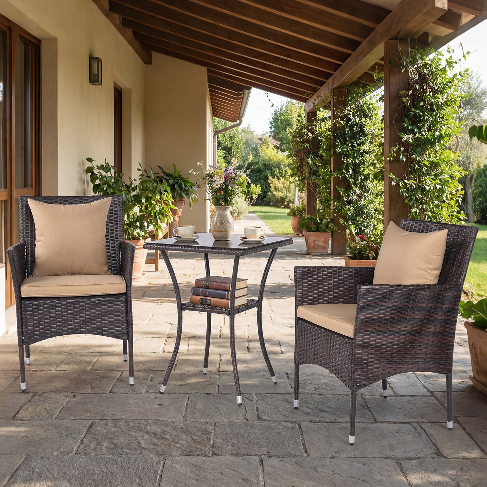 3 Teilig Gartenmöbel Set 2 Rattanstühle Glas Tisch Kissen Outdoor Für Garten Veranda Poolbereich Mix Braun