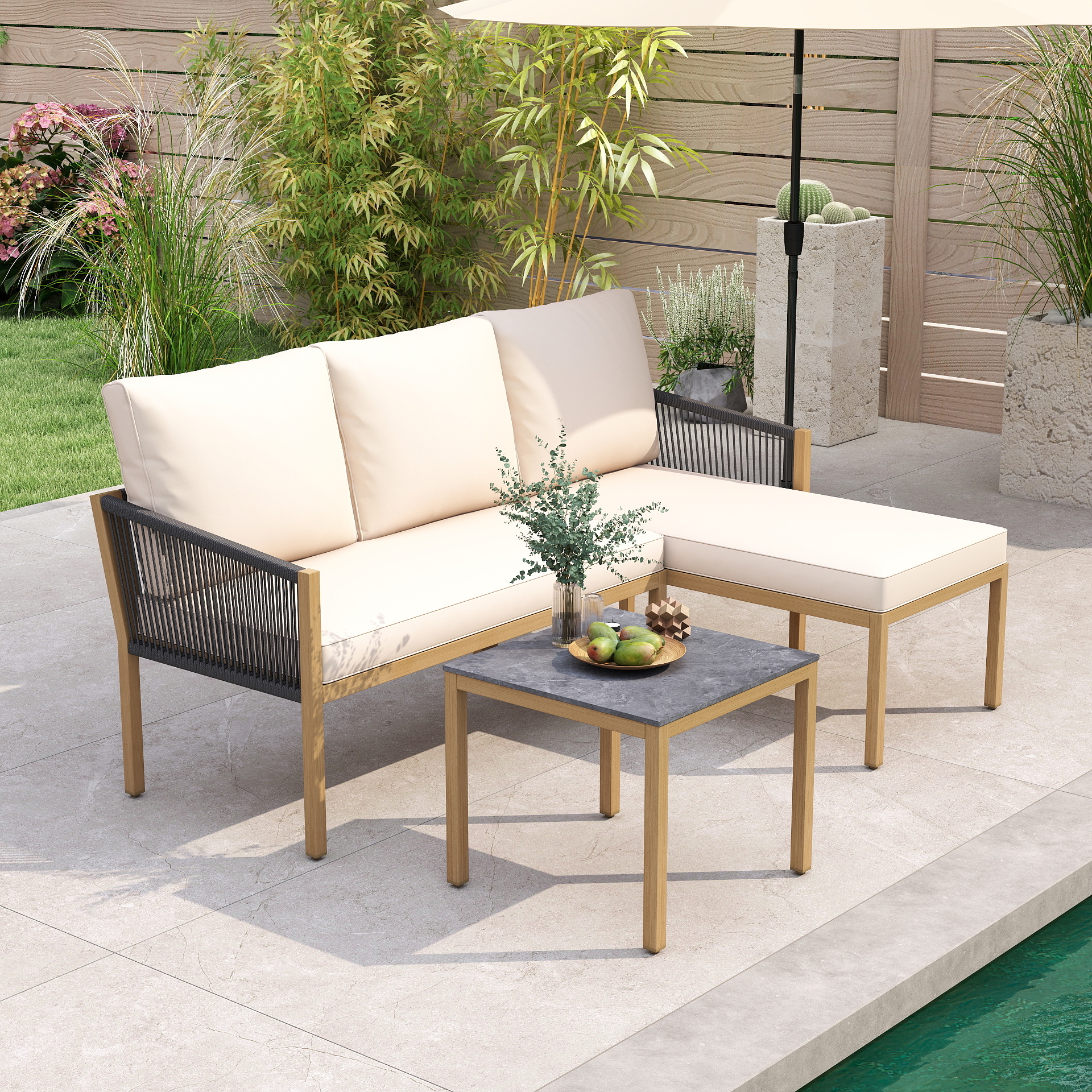 3 Teilig Gartenmöbelset Metallrahmen Beistelltisch Kissen Für Garten Veranda Poolbereich Beige