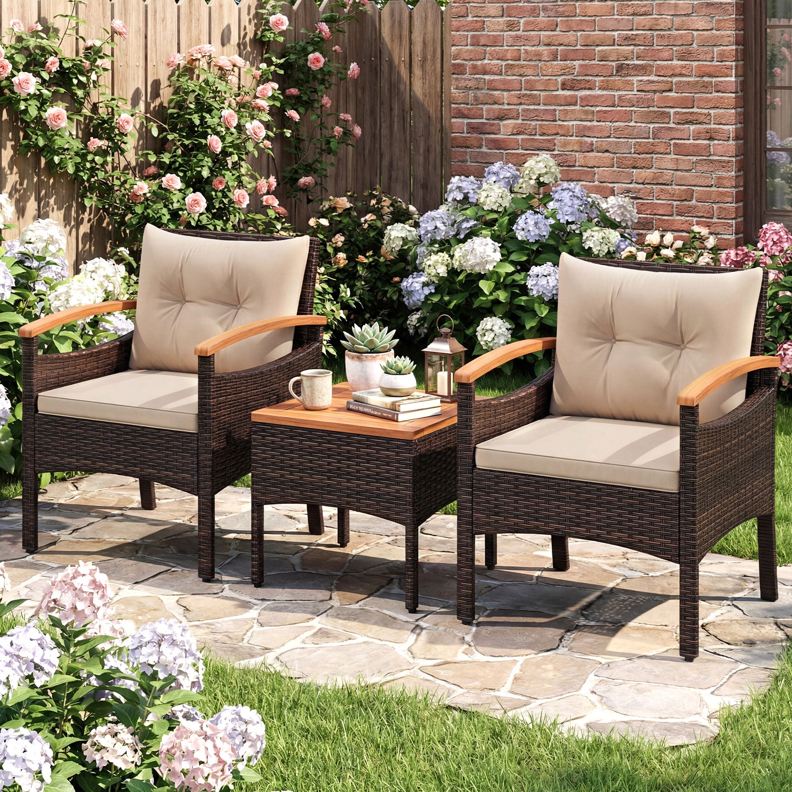 3 Teilig Rattan Garten Set Akazientisch Kissen Für Garten Veranda Poolbereich Braun