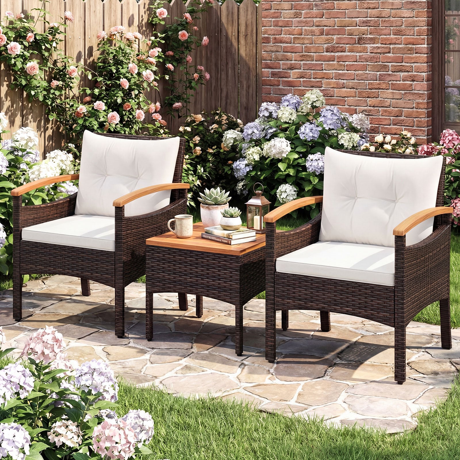 3 Teilig Rattan Garten Set Akazientisch Kissen Für Garten Veranda Poolbereich Weiß
