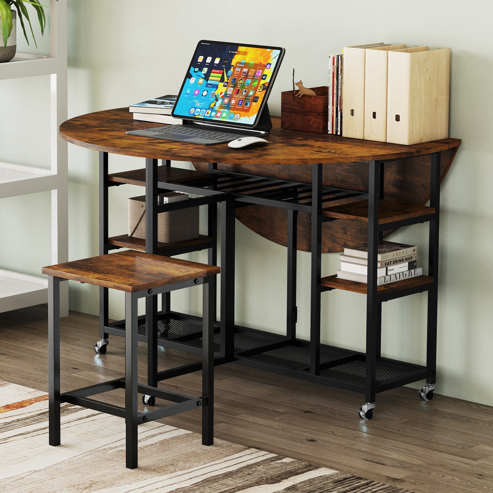 3 TLG. Essgruppe Klappbarer Küchentisch mit 2 Hocker & Weinregal & Ablagen Esszimmergruppe