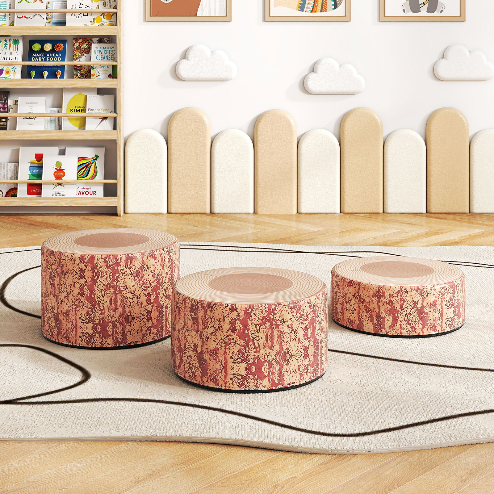 3 tlg. Kinder Baumstumpf Hocker Set mit Holzmuster & Unterschiedliche Höhen Bodenkissen Braun