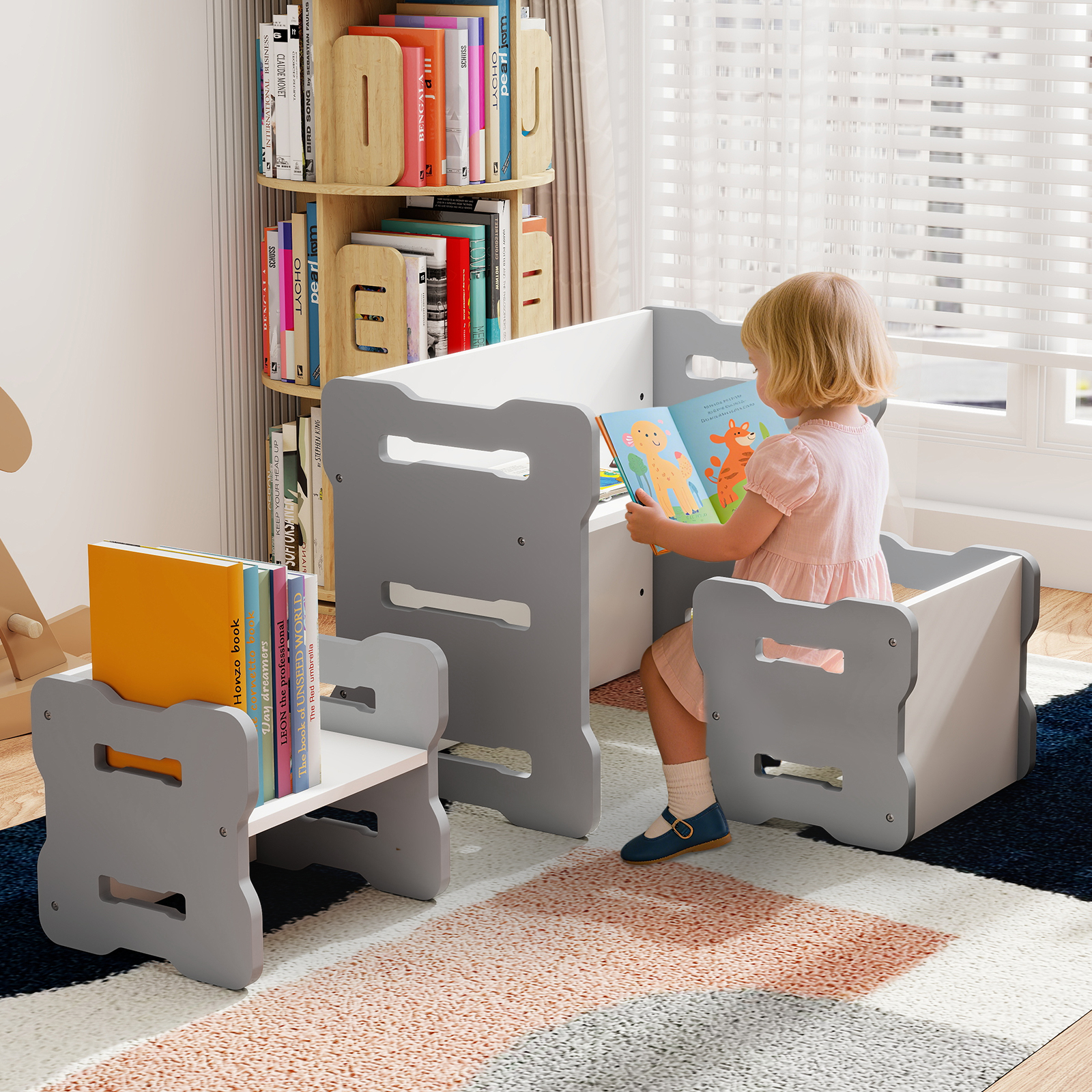 3 TLG. Kinder Tisch- & Stuhlset mit 2 Hockern & Aktivitätentisch Abgerundete Ecken Design Grau