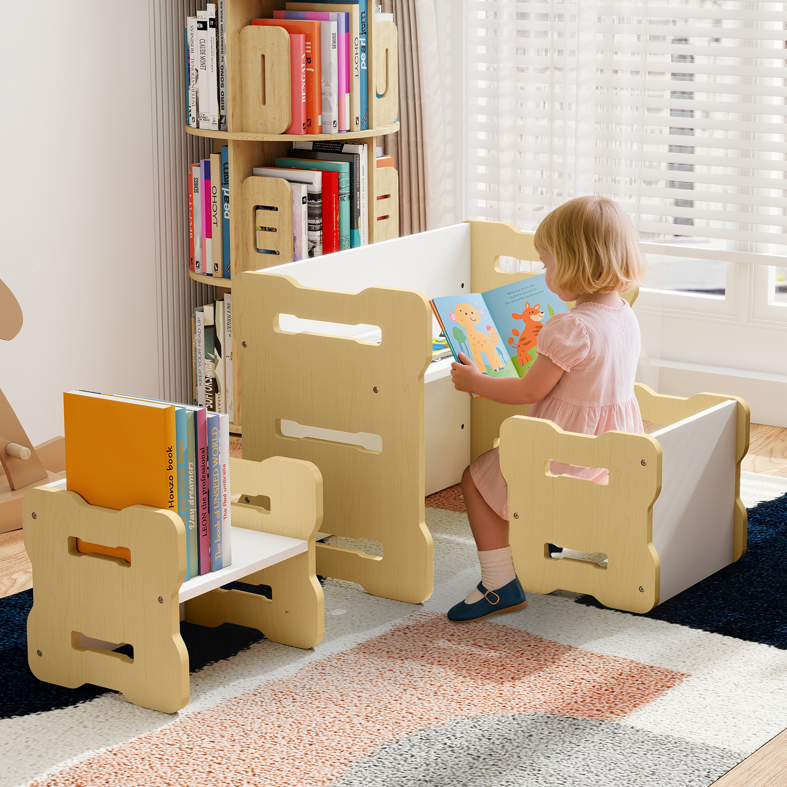 3 TLG. Kinder Tisch- & Stuhlset mit 2 Hockern & Aktivitätentisch Abgerundete Ecken Design Natur