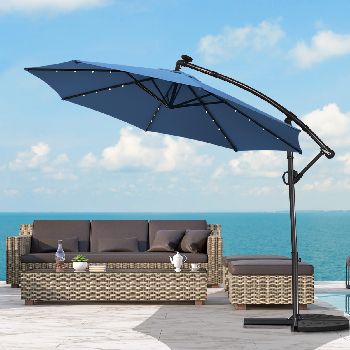 Sonnenschirm mit LED-Solar-Beleuchtung Drehbar Ampelschirm für Garten Ø 300 cm Blau