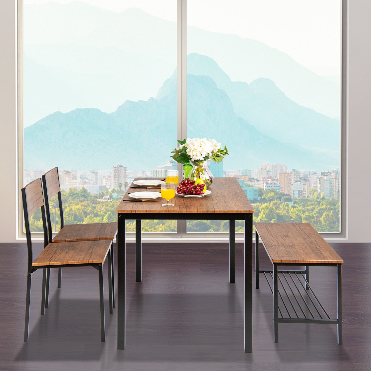 4-teiliges Esstisch und Stuhl Set mit 2 Stühlen & 1 Bank Sitzgarnitur Braun