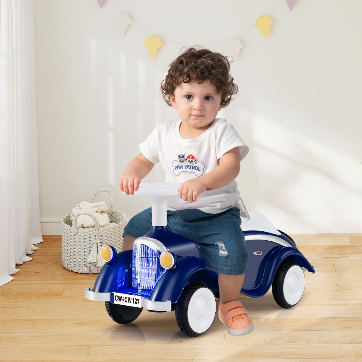 Rutschauto klassisches Fuß-zu-Boden Rutschfahrzeug mit Lenkrad Hupe LED-Scheinwerfer Dunkelblau