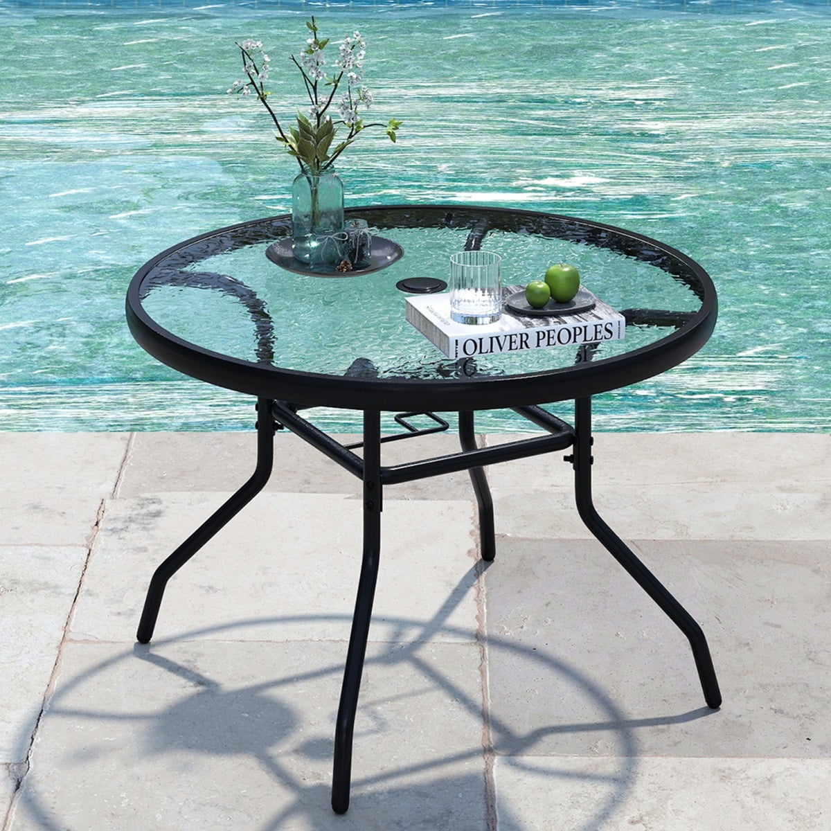 Ø 70 cm Gartentisch mit Schirmloch & Glasplatte Outdoor Beistelltisch Runder Kaffeetisch Balkontisch