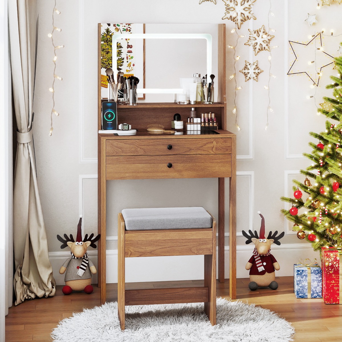 Schminktisch mit Gepolsterter Hocker & Steckdosen & 3 Farbige LED Spiegel Kosmetiktisch Braun