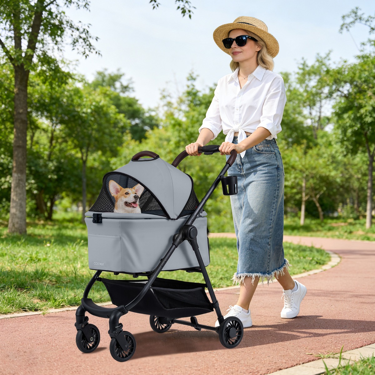3 in 1 Haustierbuggy mit Abnehmbarem Träger & Verstellbarem Netzdach Hundebuggy Grau
