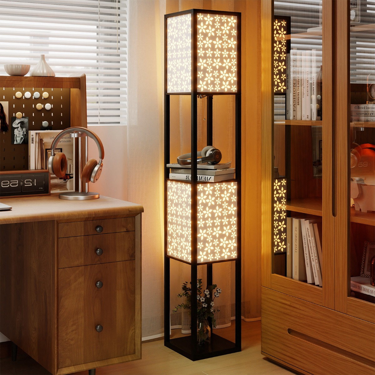 2-Flammige Stehleuchte mit 2 Regalen Stehlampe mit 2 ausgeschnittenen Muster-Lampenschirmen Blumen