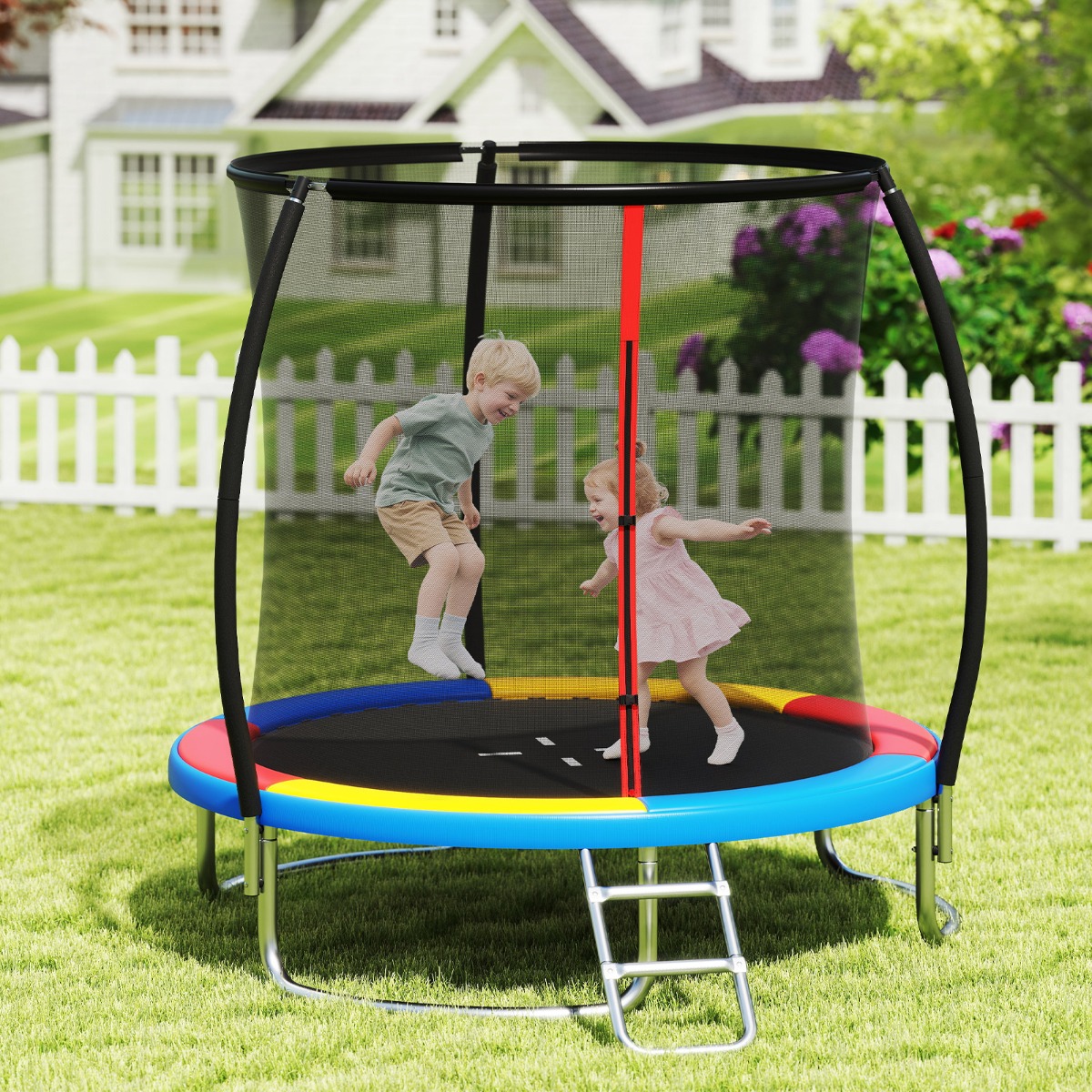 Ø244 cm Trampolin mit Leiter & Sicherheitsnetz Rund Gartentrampolin Kindertrampolin Orange