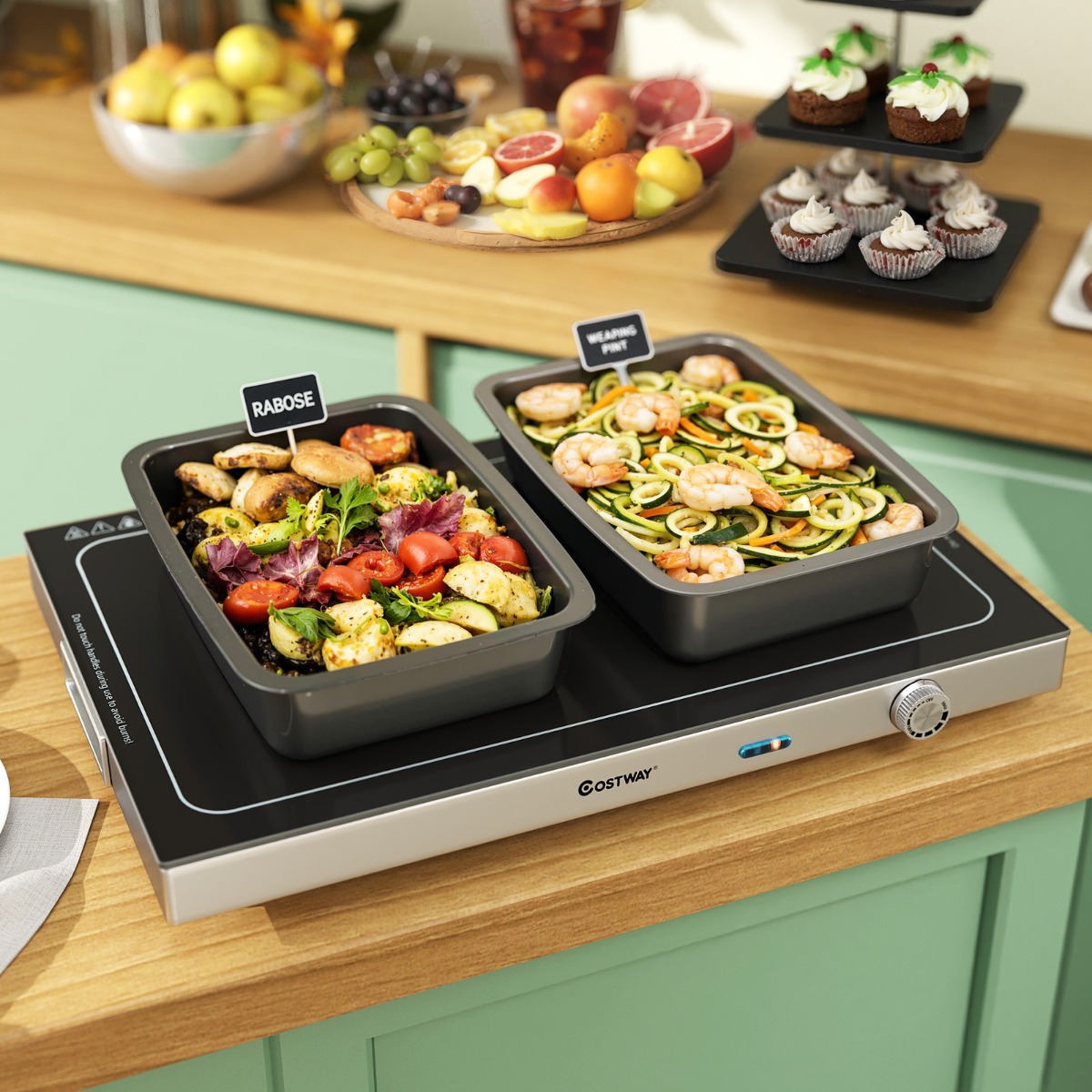 Elektrisches Warmhalte-Tablett mit Einstellbarer Temperatur Speisenwärmer mit Gehärteter Glasoberfläche Schwarz