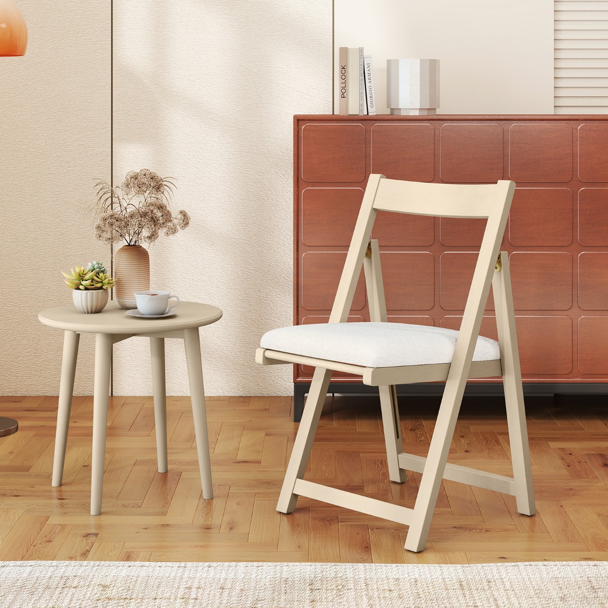 2er Set Holz Klappstühle mit Kissen Armless Stapelbare Esszimmerstühle Gepolsterte Stühle Natur