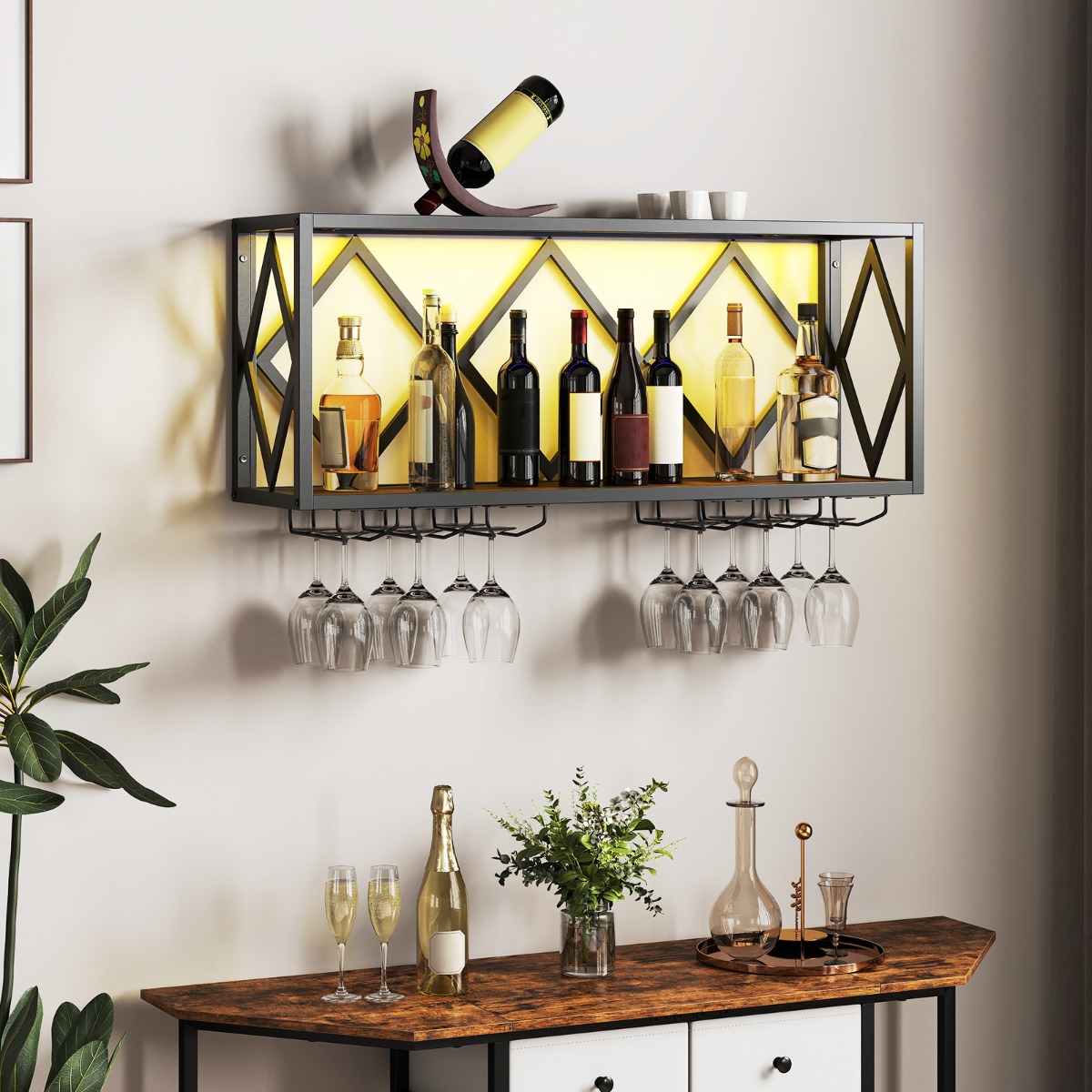 Wand Weinregal mit LED Beleuchtung & 6 Reihen Weingläserhalter 2 Ebenen Holz Flaschenregal