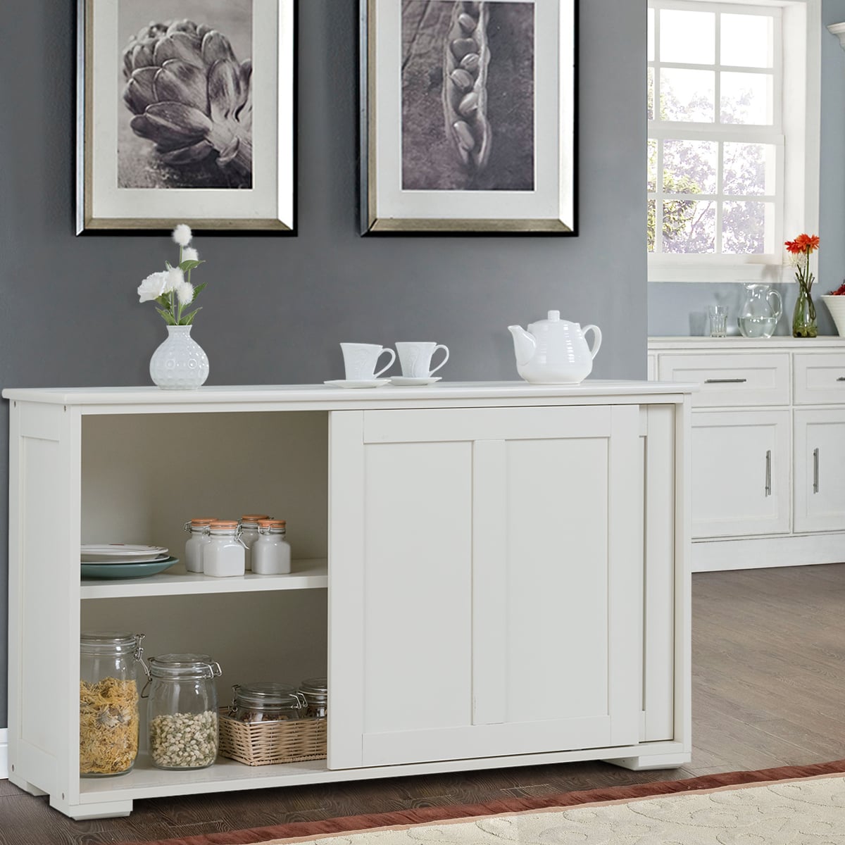 Sideboard Anrichte Küchenschrank Beistellschrank mit Schiebetüren Weiß/Braun 106,5 x 33 x 60 cm-Beige