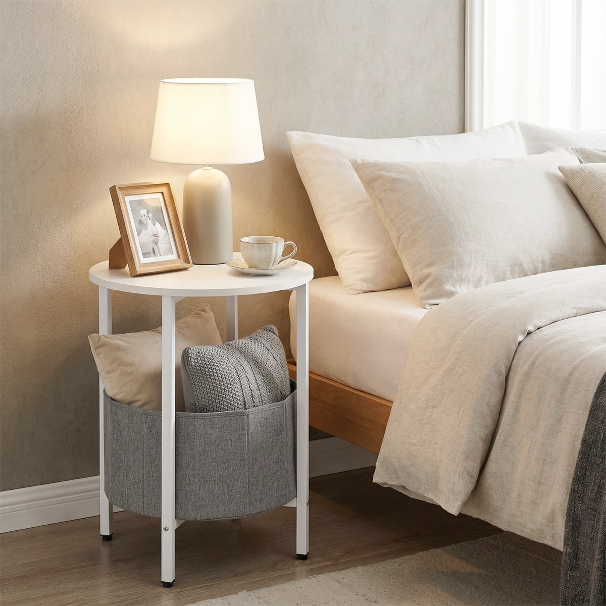 Runder Beistelltisch mit Abnehmbarem Filzkorb & Stauraum Moderner Nachttisch Weiß