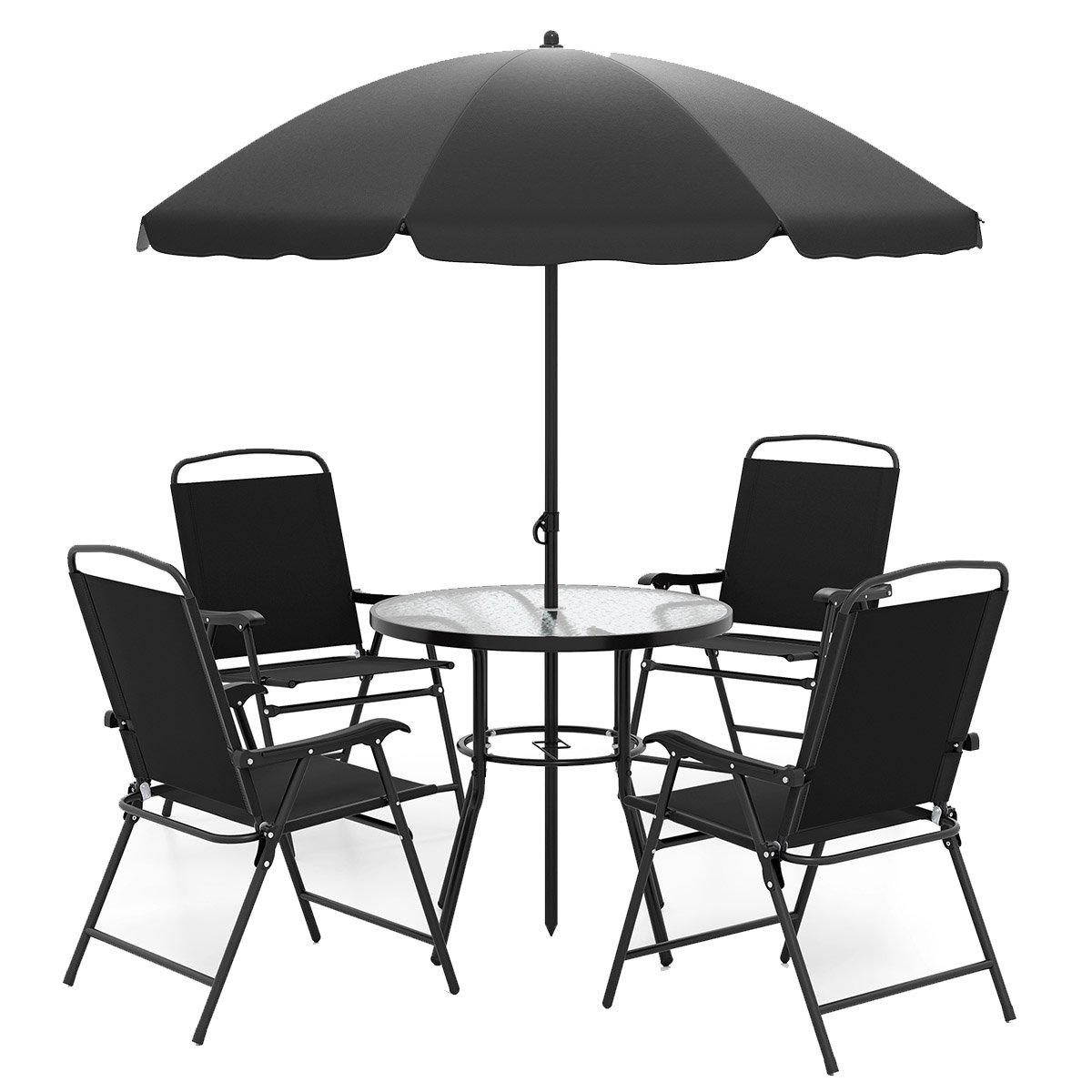 6-teiliges Garten-Essset mit Sonnenschirm Outdoor-Tisch und Stuhlset mit 4 Klappstühlen Schwarz