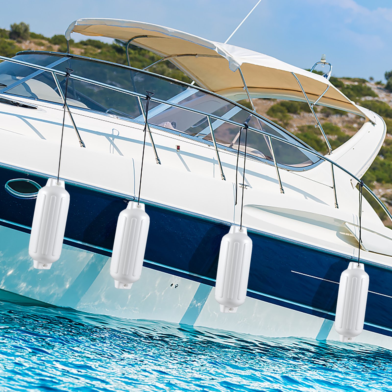 4er Set Bootsfender Langfender Kugelfender Set Boot Rammschutz Stegfender 68,5 x 21,5 cm Weiß