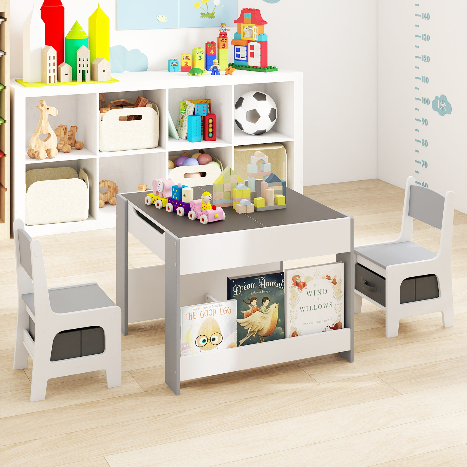 4 in 1 Kinder Tisch- & Stuhl-Set mit Doppelseitigen Tischplatten & Seitlichen Bücherregalen Grau