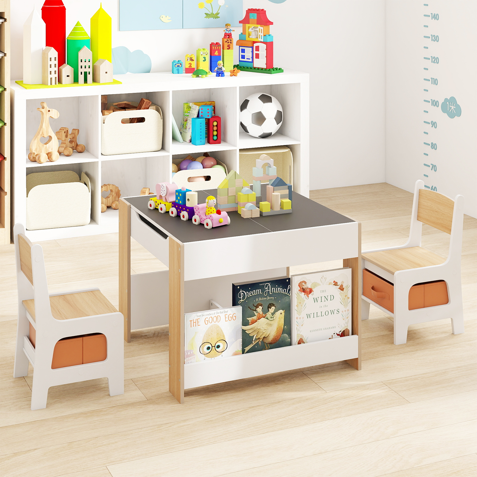 4 in 1 Kinder Tisch- & Stuhl-Set mit Doppelseitigen Tischplatten & Seitlichen Bücherregalen Natur