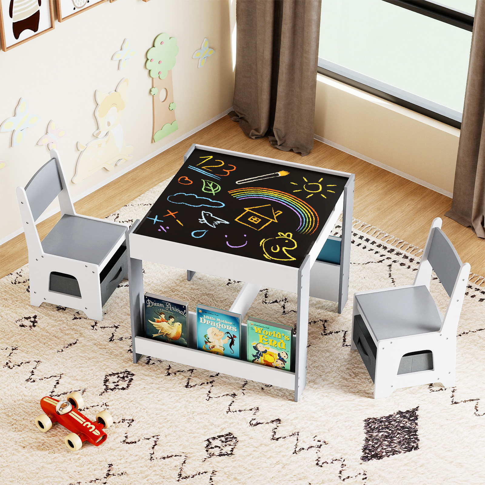 4 in 1 Kinder Tisch- & Stuhlset mit Wendem Tischplatte & Bücherregale Kindertisch-Set Grau