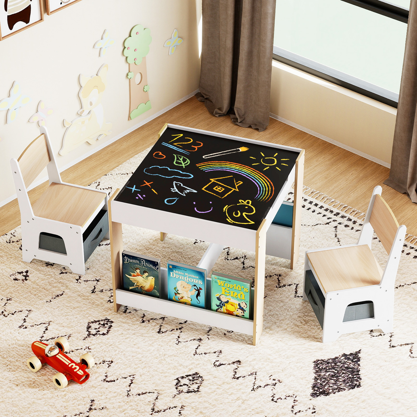 4 in 1 Kinder Tisch- & Stuhlset mit Wendem Tischplatte & Bücherregale Kindertisch-Set Natur