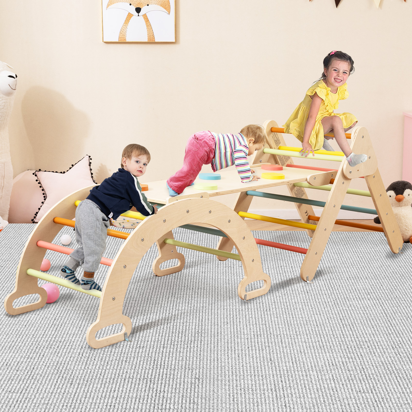 4 in 1 Kletterdreieck mit Rutsche & Kletterbogen & Doppelseitige Rampe Klettergerüst Macaron
