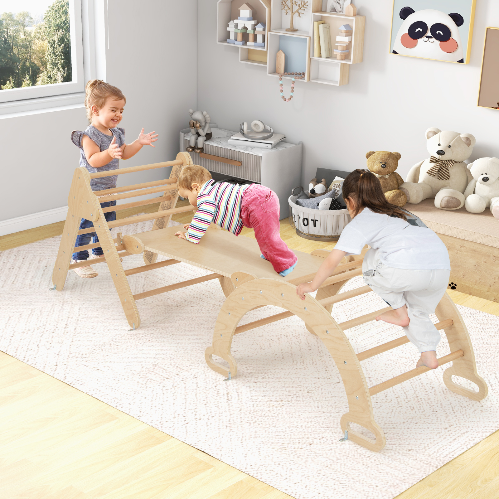 4 in 1 Kletterdreieck mit Rutsche & Kletterbogen & Doppelseitige Rampe Klettergerüst Natur