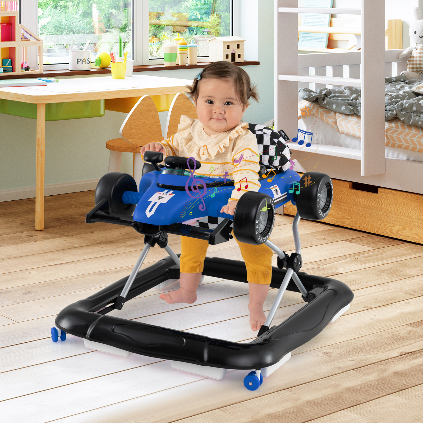 4-in-1-Lauflernwagen Gehassistent mit 3-stufig einstellbarer Höhe gepolstertem Sitz Lenkrad & Spieluhr Blau