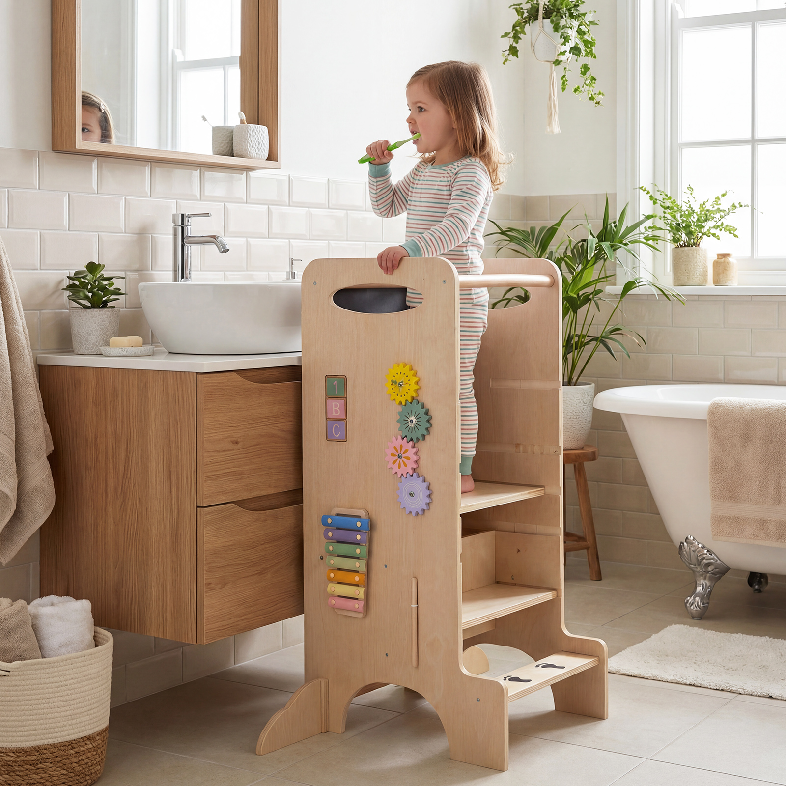 4 in 1 Lernturm aus Buchenholz Montessori Tritthocker mit 3 verstellbaren Höhen & Abnehmbarer Tafel