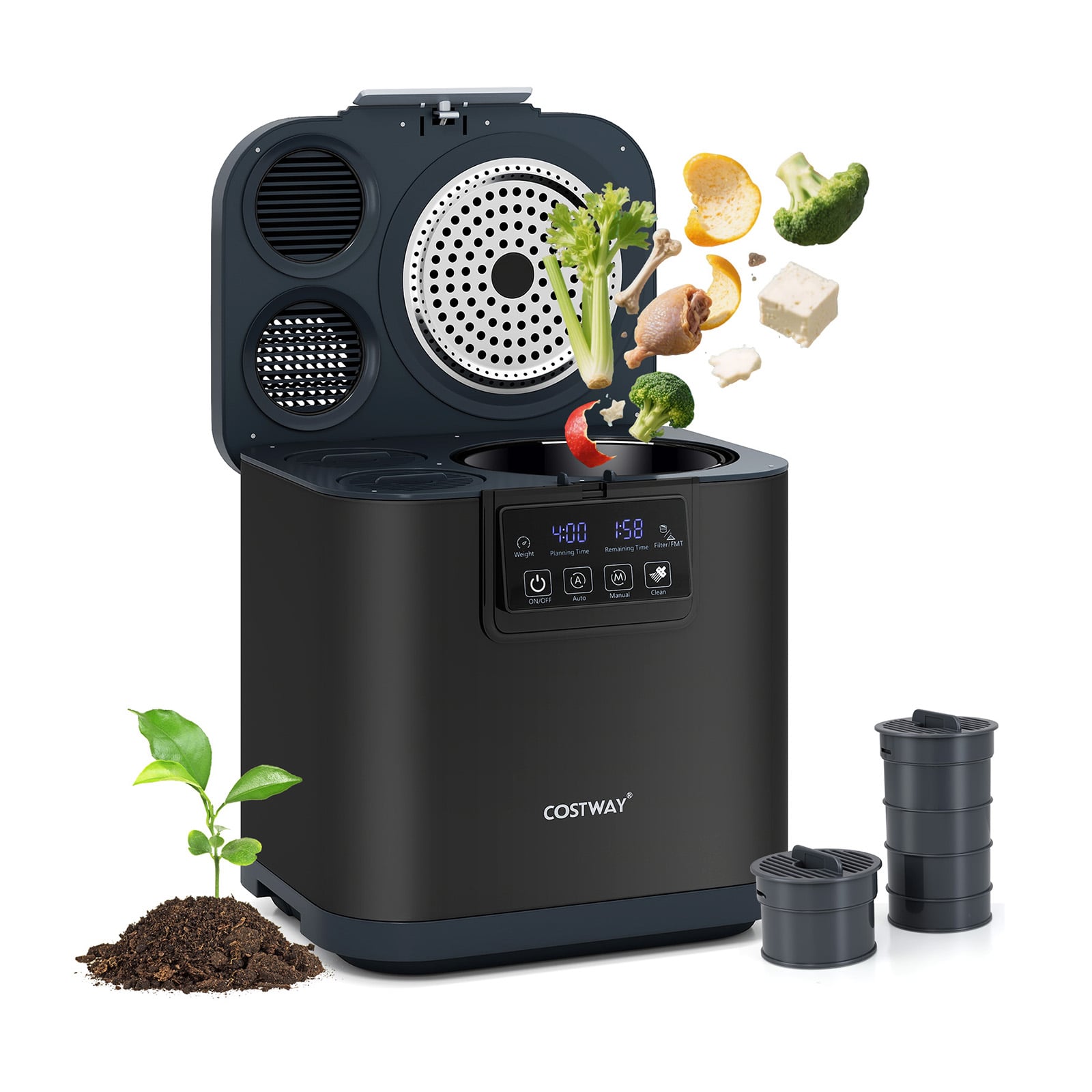 4 L Elektrischer Komposter Küchenkomposter mit Deckel 2 Aktivkohlefiltern & LED-Anzeige Schwarz