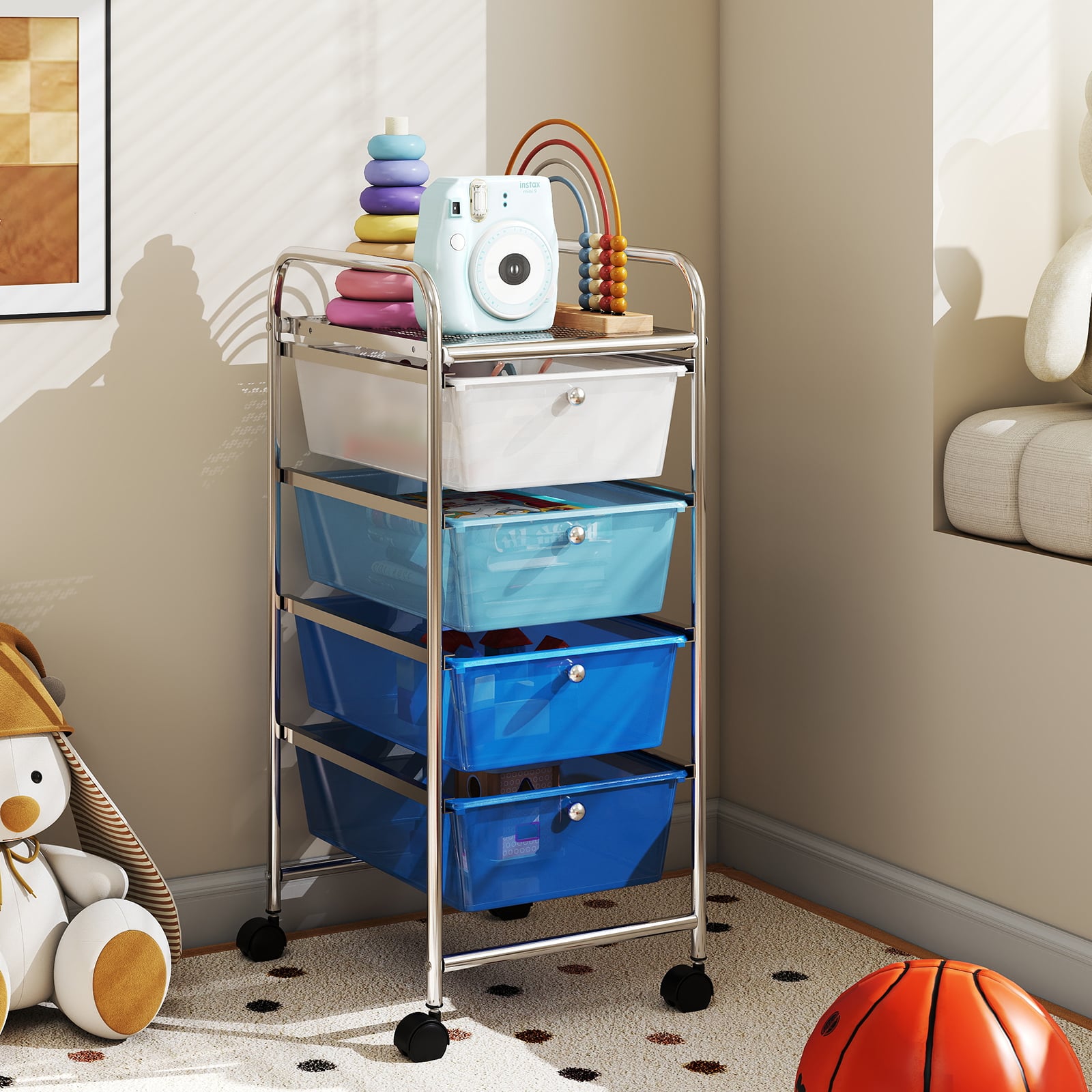 4-Schubladen Rollwagen Mobiler Aufbewahrungswagen auf Rädern mit 4 abnehmbaren Kunststoffschubladen und stabilem Metallgestell Blau