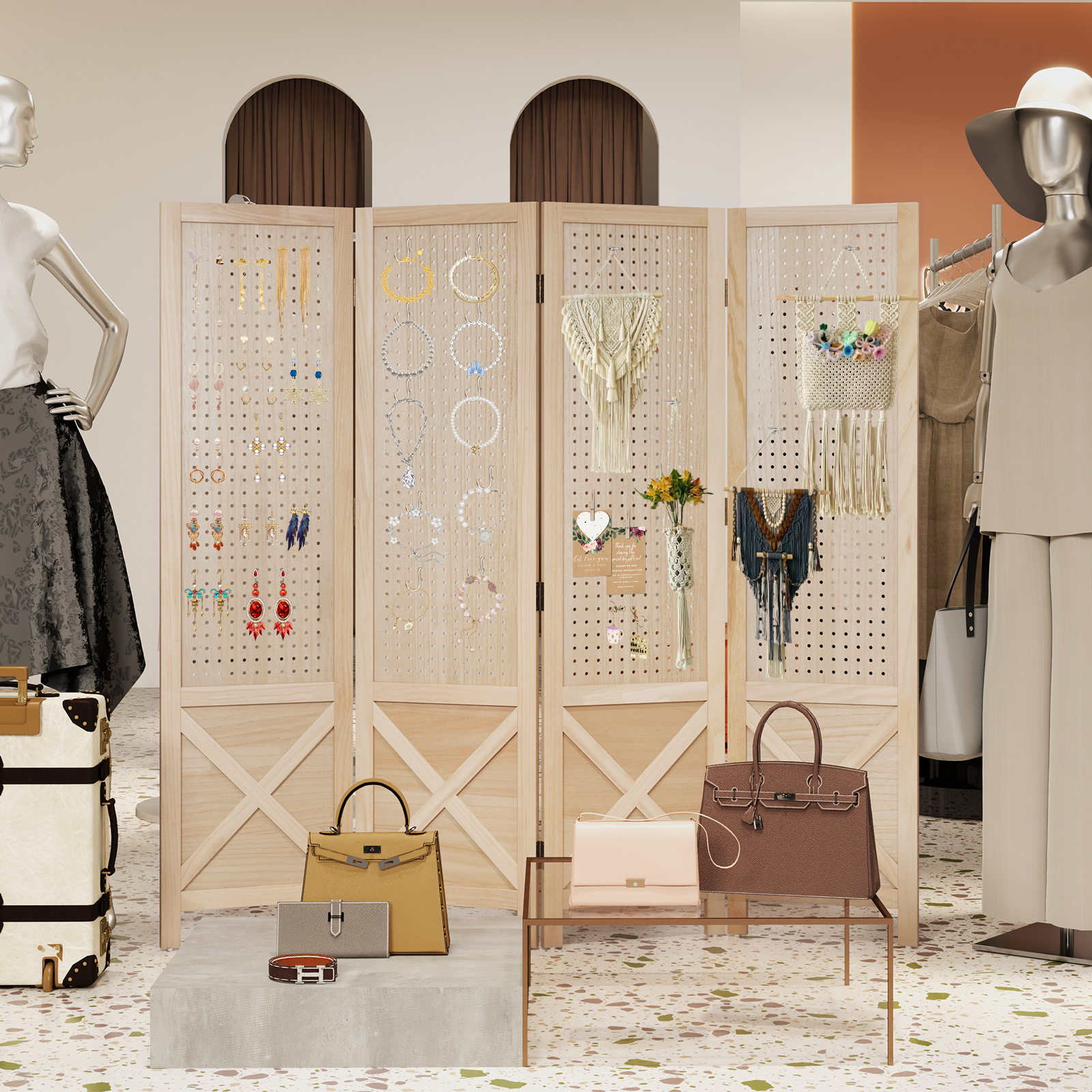 4-teiliger Raumteiler mit Stecktafel faltbarer Raumteiler freistehender Sichtschutz mit Massivholzrahmen Natur