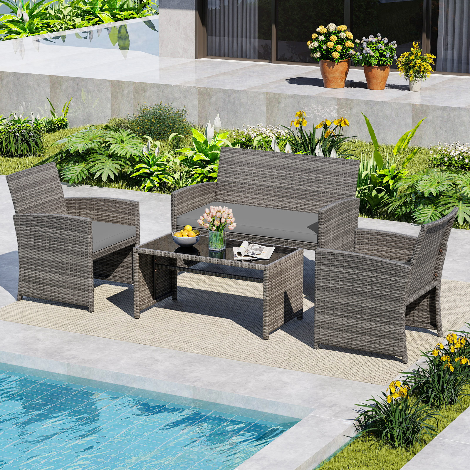 4-teiliges Gartenmöbel Set Gesprächsset inkl. Rattanstuhl Loveseat & Tisch Balkonmöbel Set Grau
