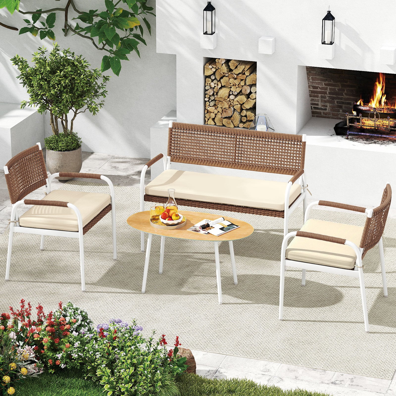 4-teiliges Gartenmöbel-Set PE-Rattan Zweisitzer & 2 Sessel mit weichen Sitzkissen Tisch mit Sicherheitsglas Beige