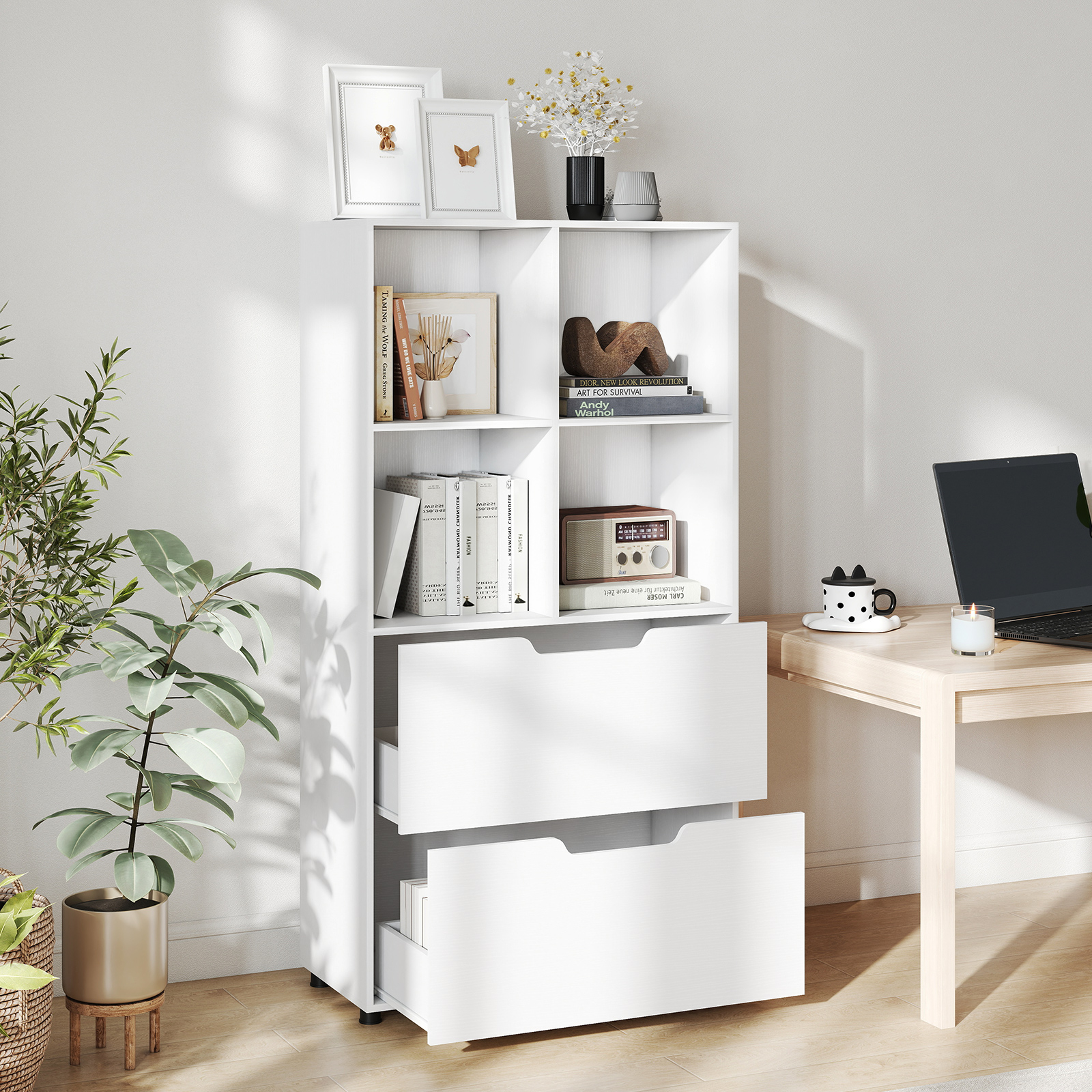 4-Würfel Bücherregal mit 2 Schubladen 130 cm 5-stufiges freistehendes Regal Weiß