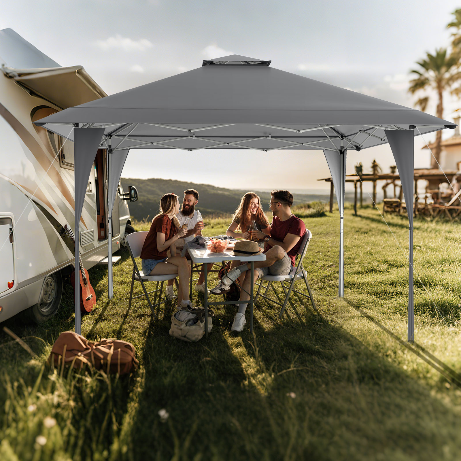 4 x 4 m Pop Up Pavillon Höhenverstellbarer Gartenpavillon mit Doppeldach & Metallrahmen Grau