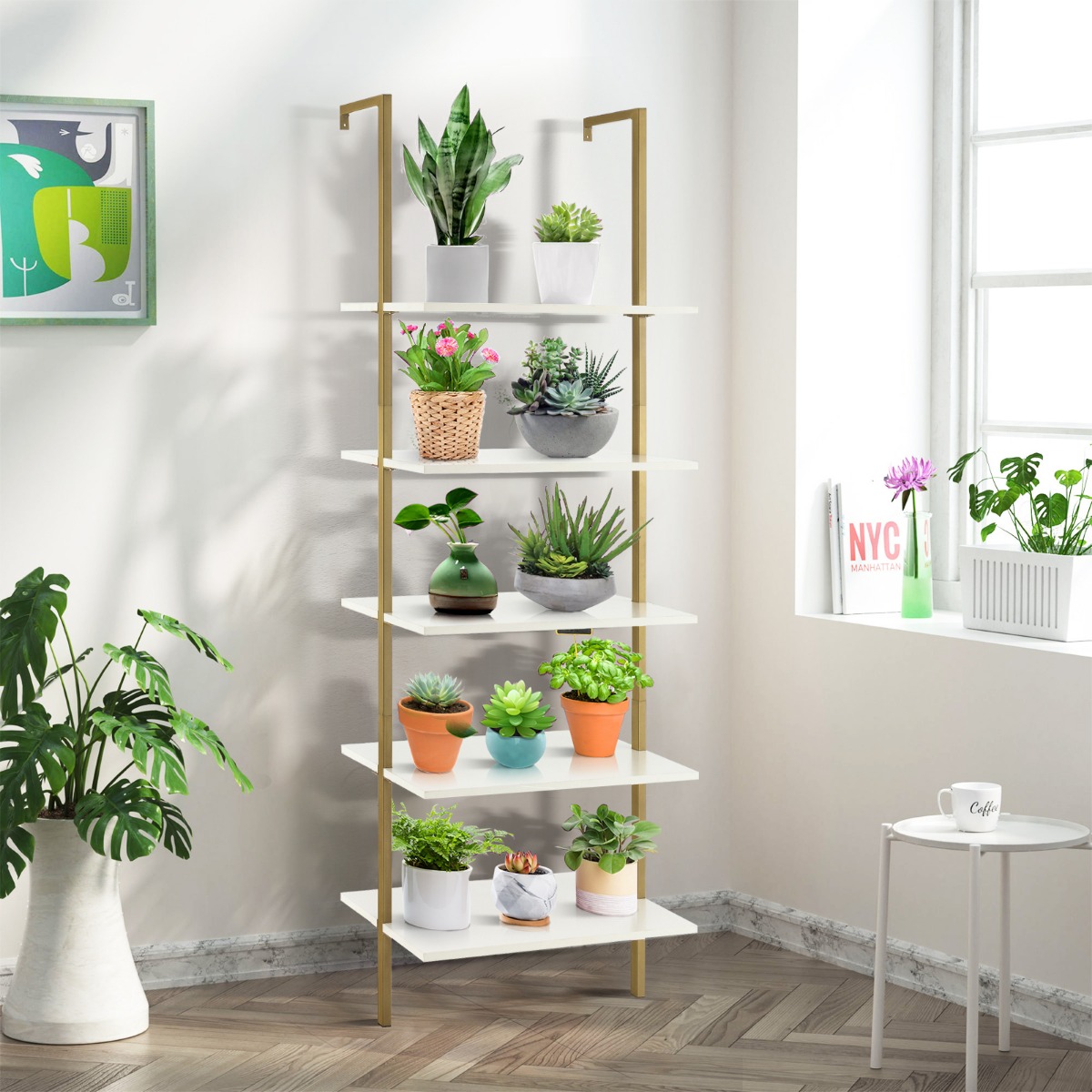 5-Stöckiges Leiterregal Wandregal mit Stahlrahmen 60 x 30 x 180 cm Weiß & Gold