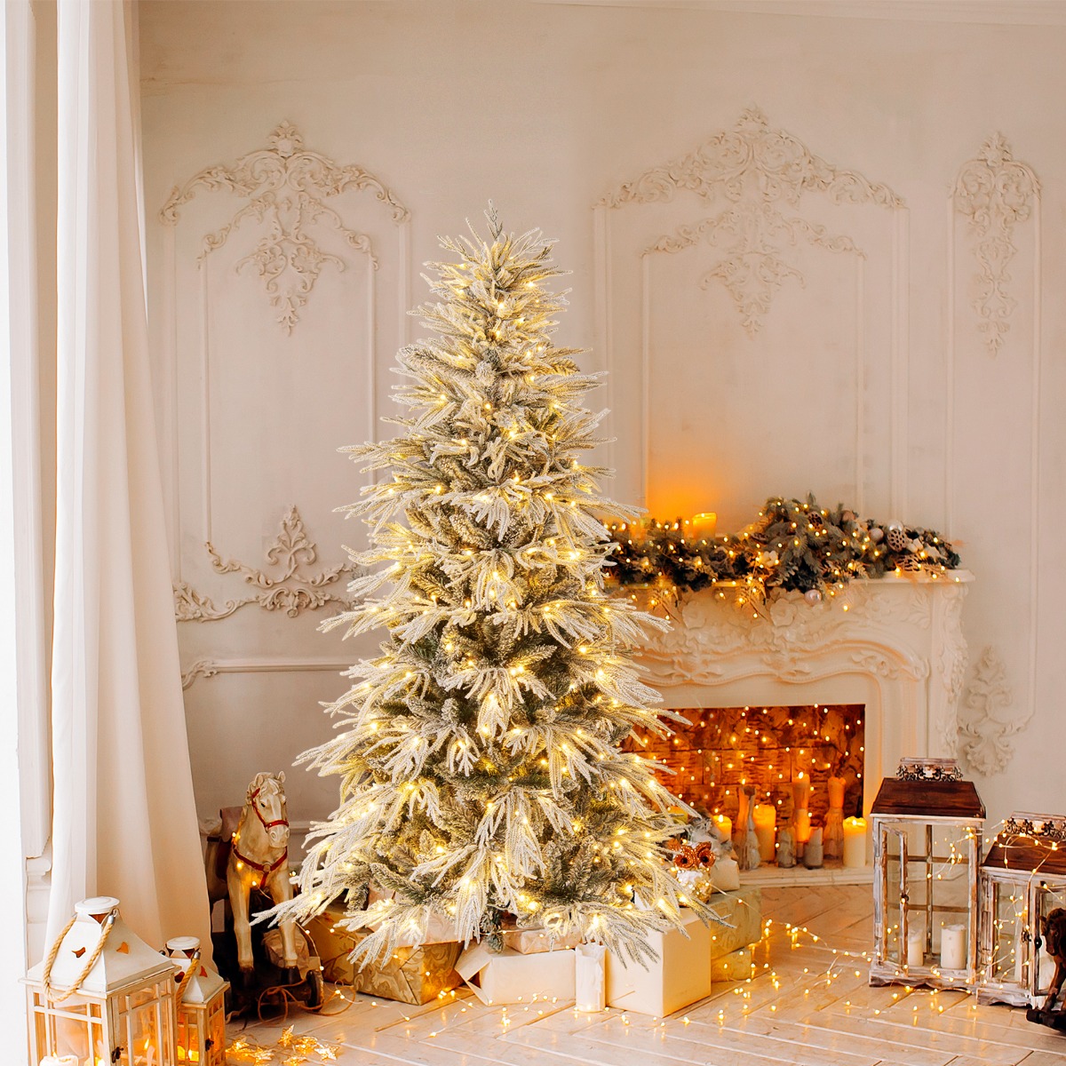 180 cm Schnee-beflockter künstlicher Weihnachtsbaum vorbeleuchteter Weihnachtsbaum mit 250 warmweißen LED-Lichtern 594 Zweigspitzen