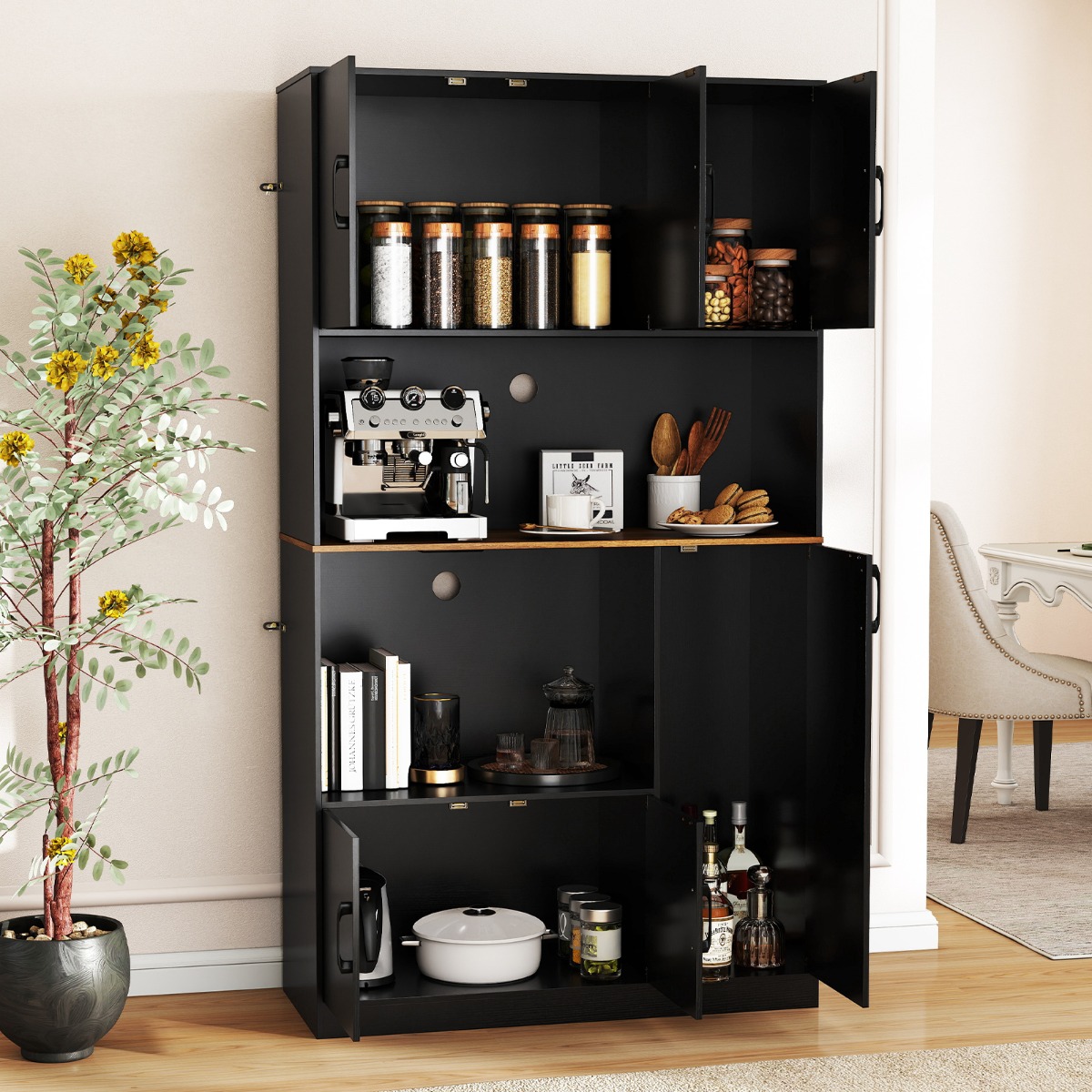 Buffetschrank mit Steckdose & Mikrowellenständer Küchenschrank aus Holz Schwarz