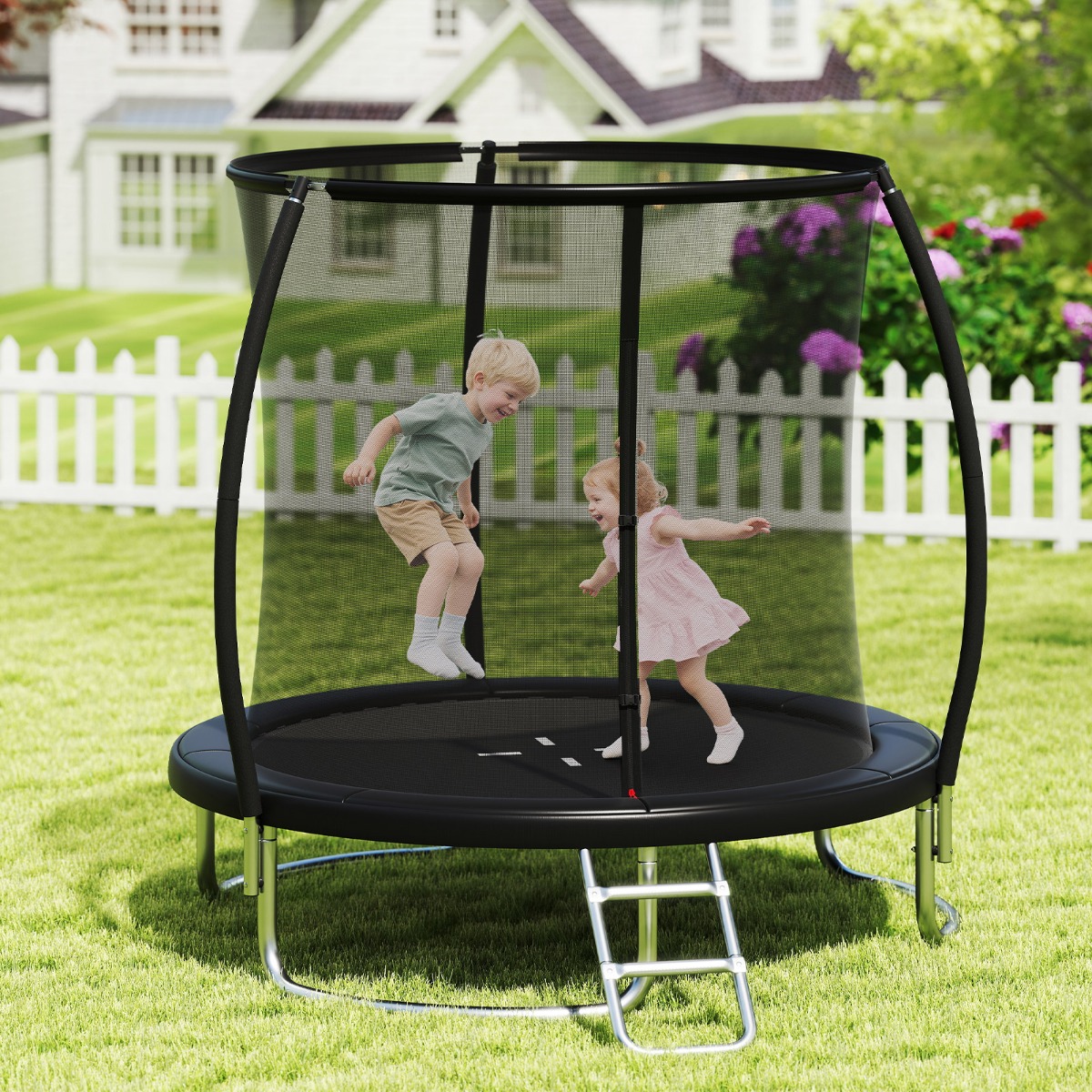 Ø244 cm Trampolin mit Leiter & Sicherheitsnetz Rund Gartentrampolin Kindertrampolin Grün