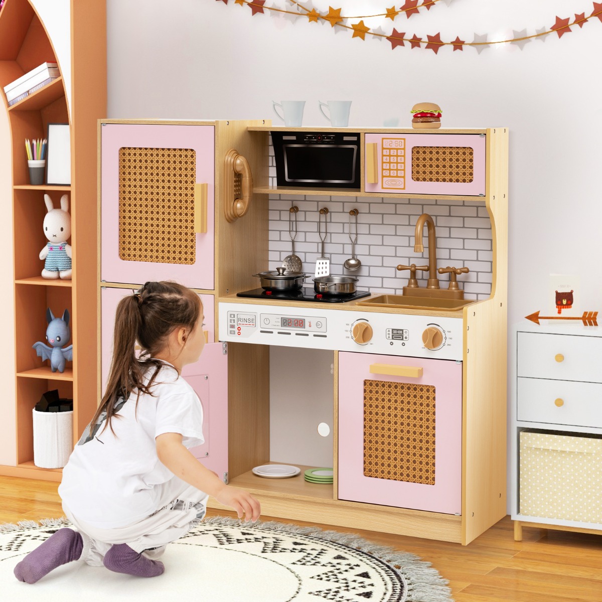 Kinderküche mit Rattantüren & Licht & Sound & Kühlschrank Spielküche Spielzeugküche Rosa
